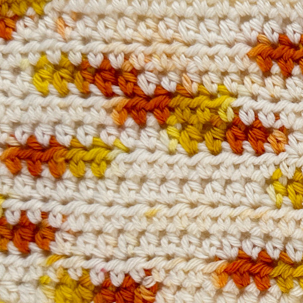 crochet swatch hand dyed wool yarn white with a yellow orange gradient mixtape music collection big yellow taxi song Joni Mitchell  themed