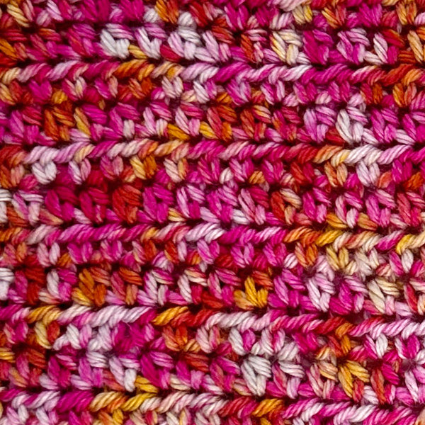 crochet swatch hand dyed wool yarn light mist gray with bright pink areas of dye and dark yellow speckles mixxtape music collection raise your glass Pink p!nk  song themed