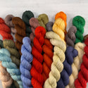 A row of moody, hand-dyed mini skeins arranged on a table, showcasing a cohesive color palette from the Mini Skein Color Story yarn subscription.