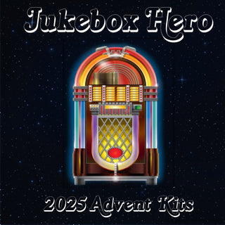"Teaser image for the 2025 hand-dyed yarn Advent calendar, featuring a colorful retro jukebox surrounded by musical notes and vibrant yarn skeins, hinting at a music-themed countdown."