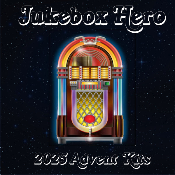 "Teaser image for the 2025 hand-dyed yarn Advent calendar, featuring a colorful retro jukebox surrounded by musical notes and vibrant yarn skeins, hinting at a music-themed countdown."