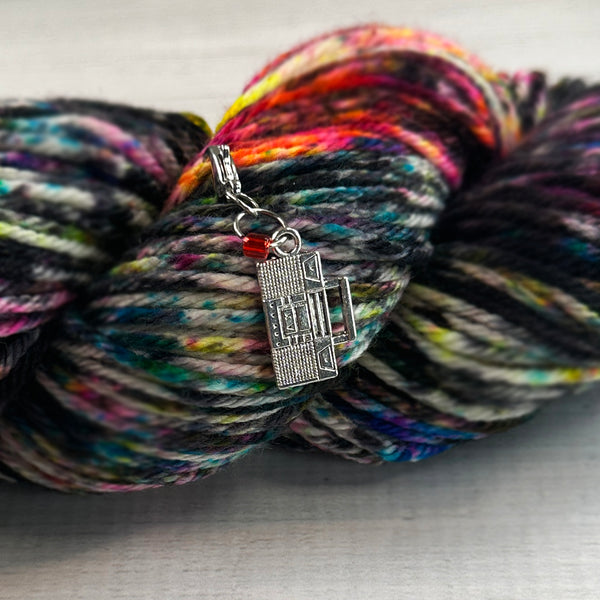 boom box radio tape player charm stitch marker, clip or ring for knitting and crochet projects with hand-dyed yarn