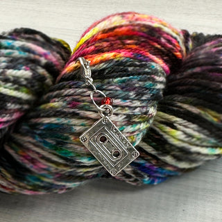 cassette tape charm stitch marker, clip or ring for knitting and crochet projects with hand-dyed yarn