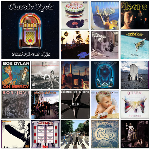 "2025 Advent Calendar Mood board with color swatches inspired by classic rock and punk rock, featuring vintage band posters, electric guitars, bold typography, leather jackets, and gritty textures alongside coordinating yarn color samples."