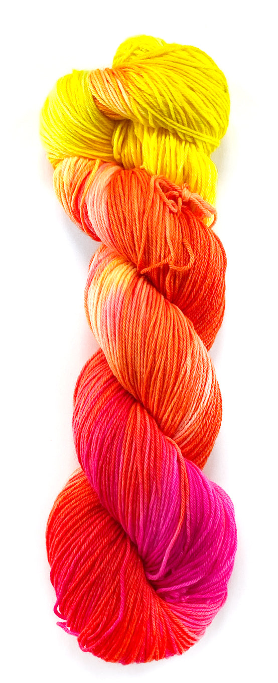 hand dyed wool yarn magenta orange yellow neon decloaking star trek themed colors for knitting and crochet