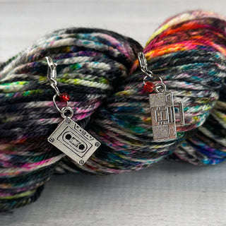 cassette tape  and boom box radio charm stitch marker, clip or ring for knitting and crochet projects with hand-dyed yarn