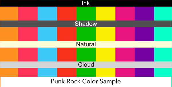 "2025 Advent Calendar Mood board with color swatches inspired by classic rock and punk rock, featuring vintage band posters, electric guitars, bold typography, leather jackets, and gritty textures alongside coordinating yarn color samples."