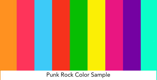 "2025 Advent Calendar Mood board with color swatches inspired by classic rock and punk rock, featuring vintage band posters, electric guitars, bold typography, leather jackets, and gritty textures alongside coordinating yarn color samples."