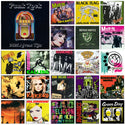 "2025 Advent Calendar Mood board with color swatches inspired by classic rock and punk rock, featuring vintage band posters, electric guitars, bold typography, leather jackets, and gritty textures alongside coordinating yarn color samples."