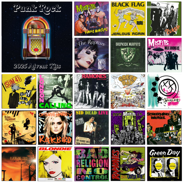 "2025 Advent Calendar Mood board with color swatches inspired by classic rock and punk rock, featuring vintage band posters, electric guitars, bold typography, leather jackets, and gritty textures alongside coordinating yarn color samples."