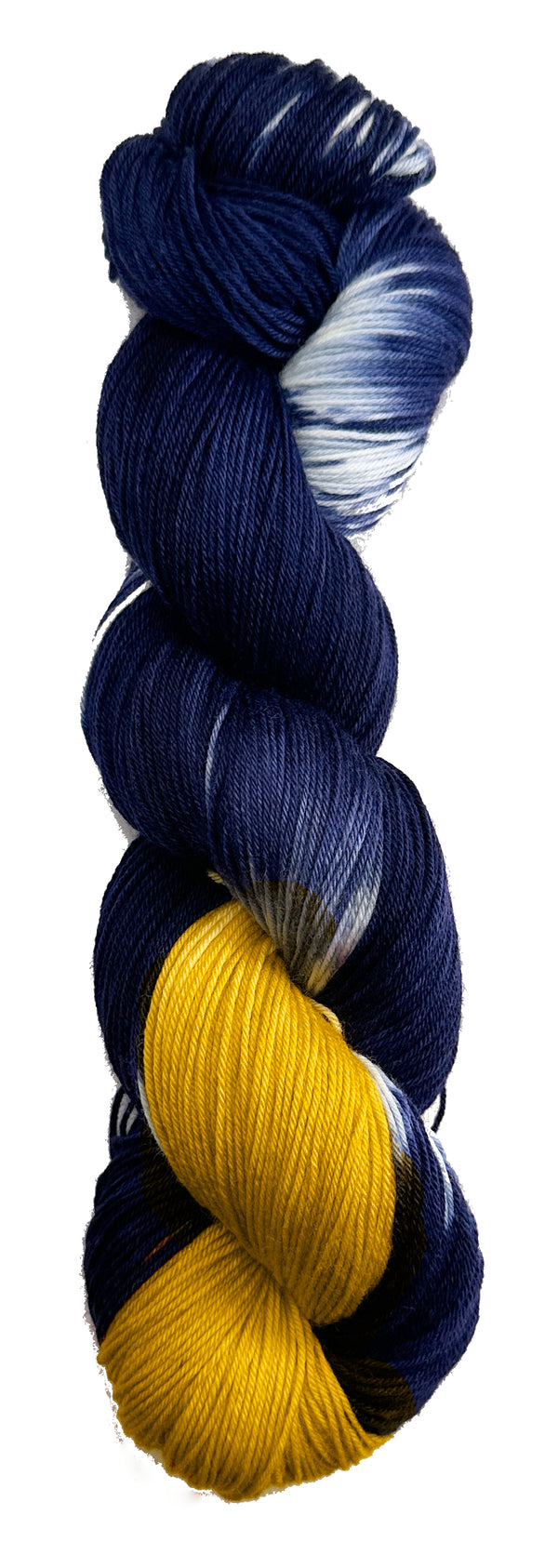 hand dyed wool yarn dark night navy blue white and gold colors. voyager 1 spacecraft themed with stars and golden record for knitting and crochet