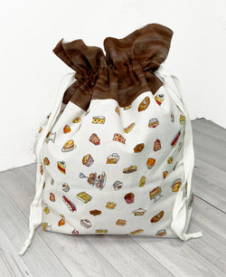 the woolly dragon knitting or crochet project bag hand sewn desserts and chocolate patterned drawstring
