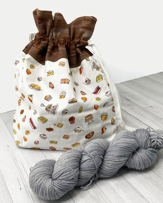 the woolly dragon knitting or crochet project bag hand sewn desserts and chocolate patterned drawstring