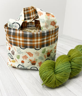 the woolly dragon knitting or crochet project bag hand sewn fall plaid bicycle mini tote