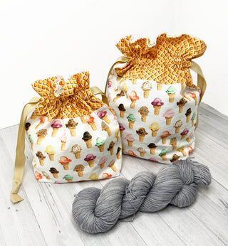 the woolly dragon knitting or crochet project bag hand sewn ice cream cone drawstring 