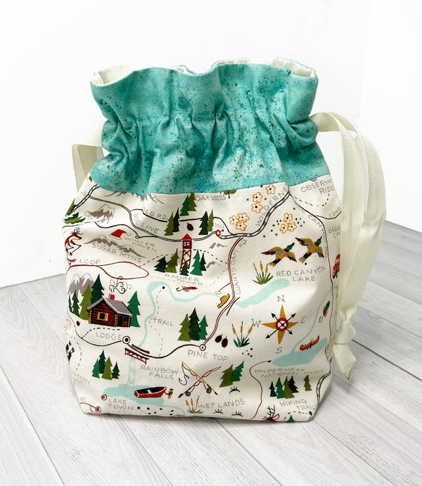 the woolly dragon knitting or crochet project bag hand sewn outdoor lodge camping map patterned drawstring