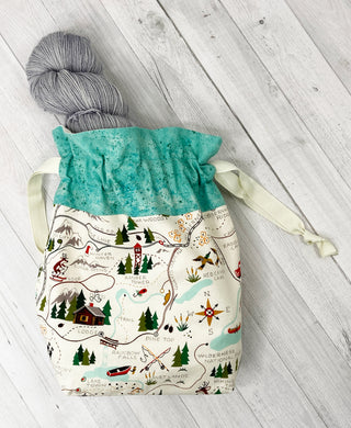 the woolly dragon knitting or crochet project bag hand sewn outdoor lodge camping map patterned drawstring