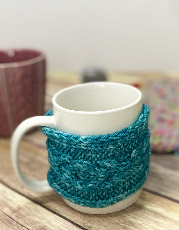 The Woolly Dragon hand dyed yarn Sarah plus yarn knitting pattern for xoxo hugs cup cozy warmer