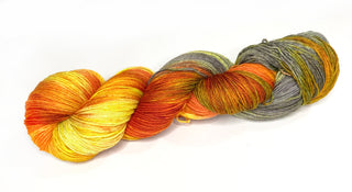 Rocket booster science themed hand dyed yarn in yellow, orange and gray