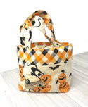 the woolly dragon knitting or crochet project bag hand sewn fall halloween pumpkin black cat mini tote