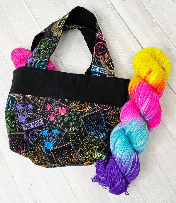 the woolly dragon knitting or crochet project bag hand sewn black and neon tarot mini tote