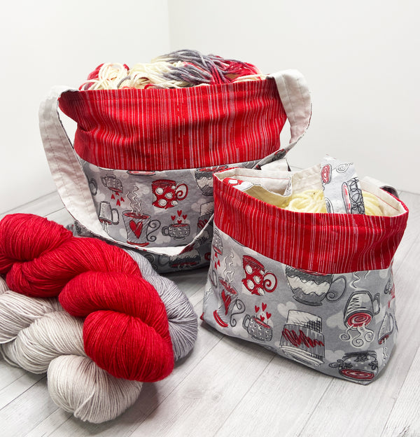 Warm hugs cabled mug cozy knitting pattern and project bag